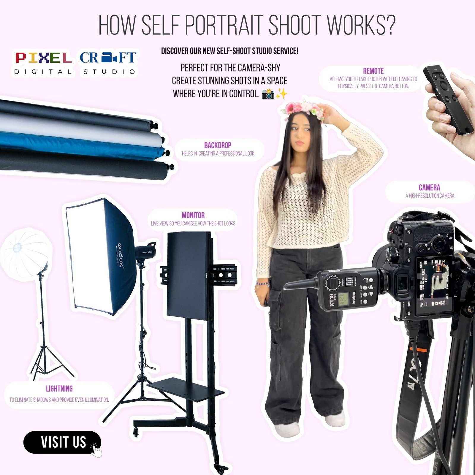 Self-portrait photoshoot with remote at Pixel Craft. Book now!